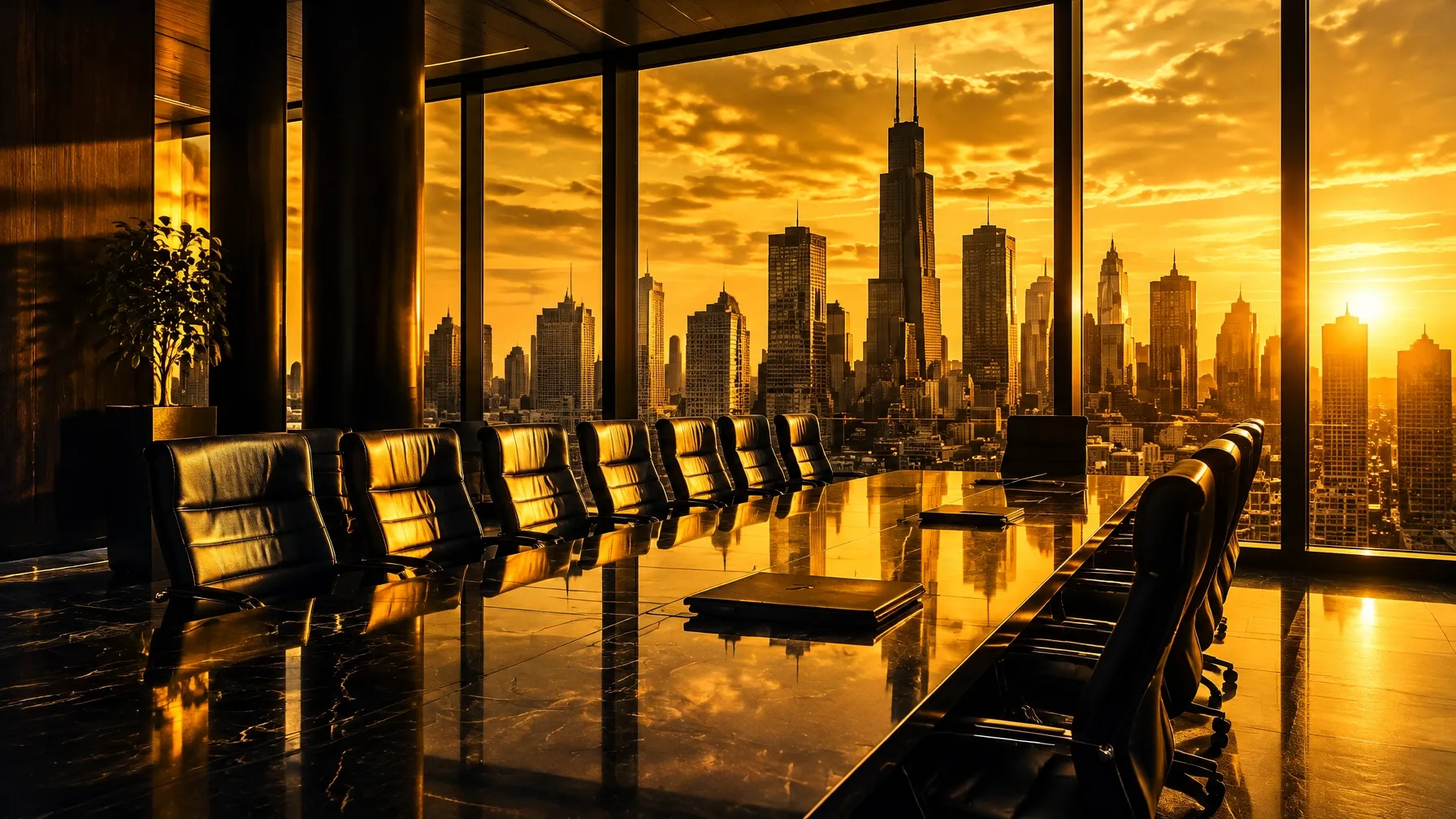 Executive boardroom overlooking a city skyline at golden hour